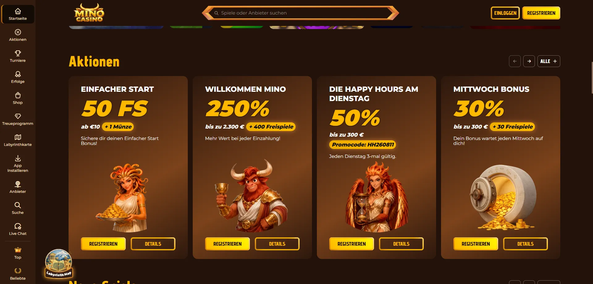 Mino Casino Willkommensbonus bis zu €4750 und Freispiele